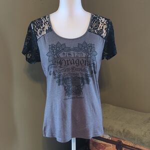 Harley-Davidson Gray Tee with Black Lace Sleeves